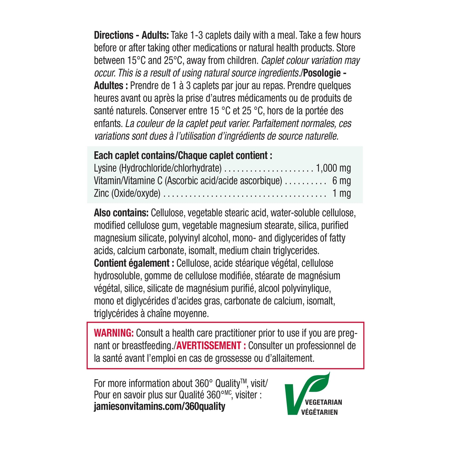 Jamieson Lysine 1,000 mg, with Zinc and Vitamin C, Cold Sore Support, and Helps Immune Health. Essential Amino Acid, Non-GMO, Gluten-Free, 60 Vegetarian Caplets, Proudly Canadian - Available at All In One Marketplace Canada