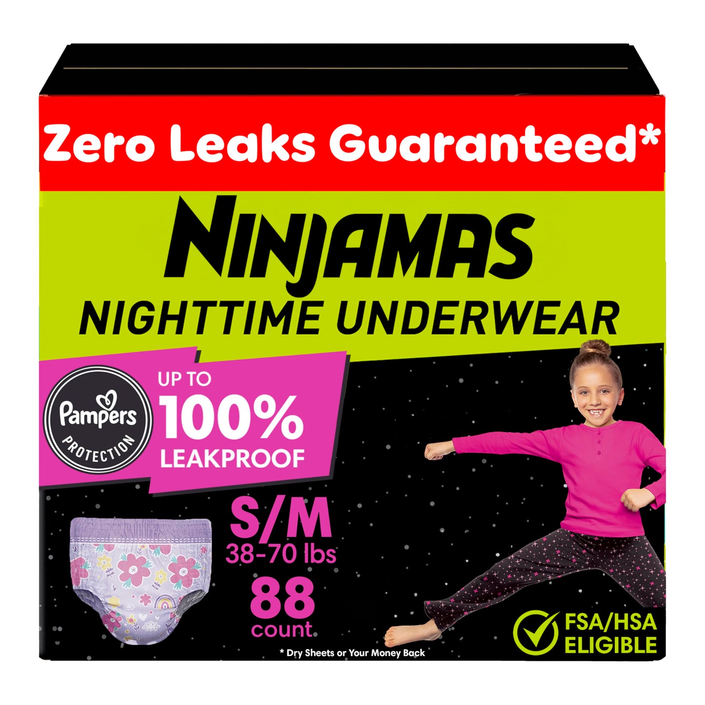 Pampers Ninjamas Nighttime Bedwetting Underwear Girl, Size 7, 88 Count, Disposable Nighttime Underwear