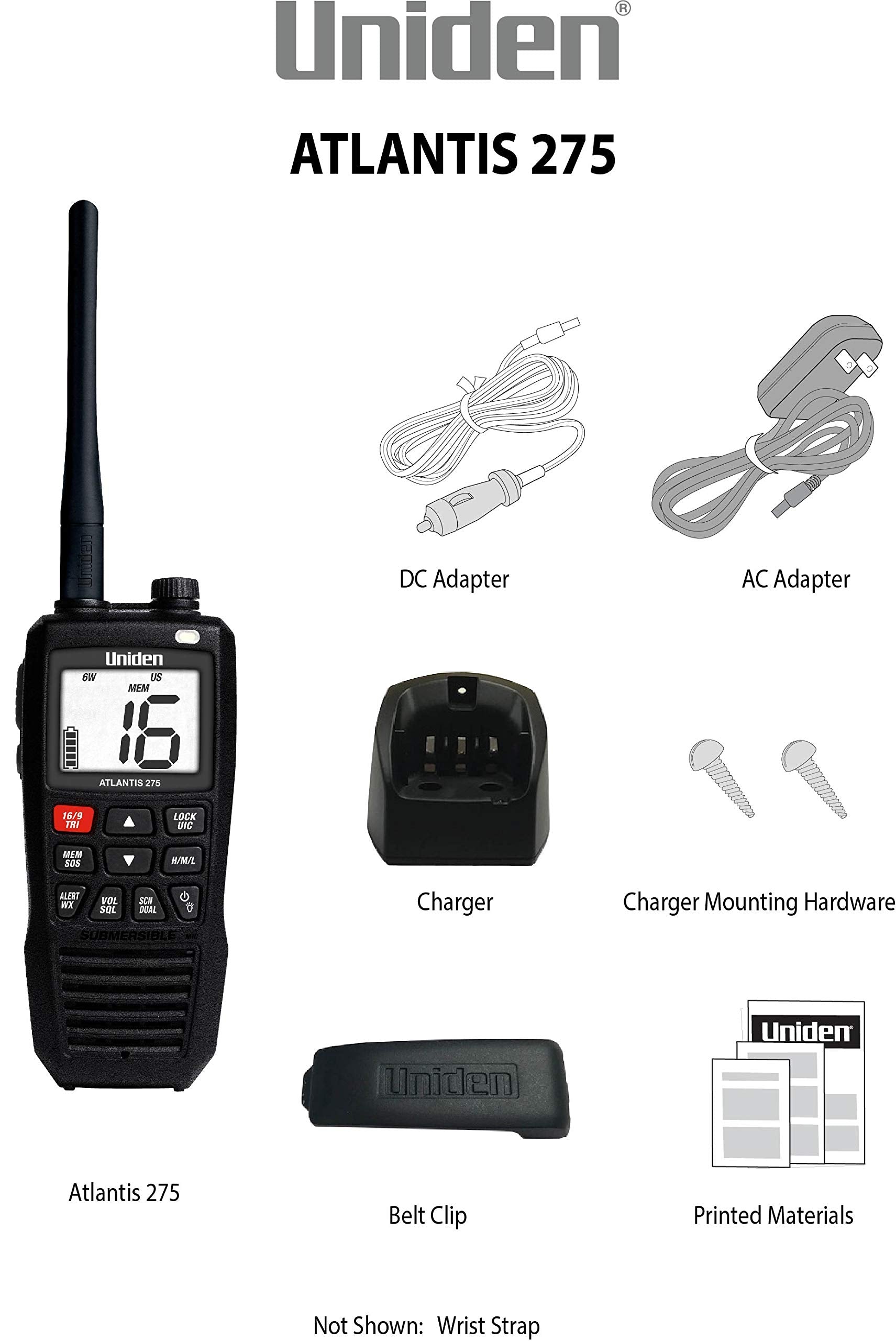 Uniden Atlantis 275 Handheld Two-Way VHF Marine Radio, Floating IPX8 Submersible Waterproof, Large Dual-Color Screen, 6-Watt, All USA/International/Canadian Marine Channels, NOAA Weather Alerts Uniden
