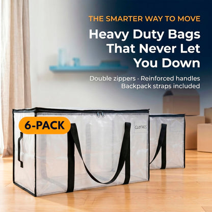ClearSpace Oversized Moving Bags or Storage Bag – Large Moving Boxes with Backpack Straps, Zippers & Handles – Heavy-Duty Packing Bags, College Dorm, Christmas Decorations, 6 Pack