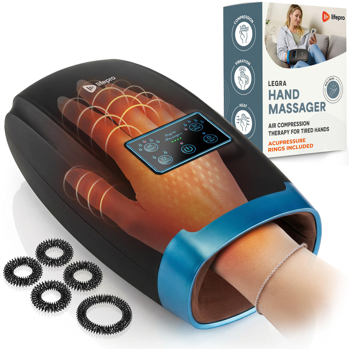 Lifepro Legra Cordless Hand Massager, Heat, Compression, Vibration- 5 Modes