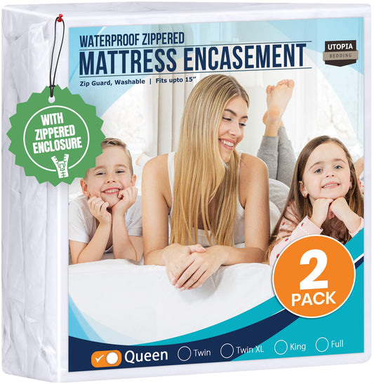 Utopia Bedding Zippered Mattress Encasement Queen (Pack of 2) - 100% Waterproof and Bed Bug Proof Mattress Protector - Absorbent, Six-Sided Mattress Cover