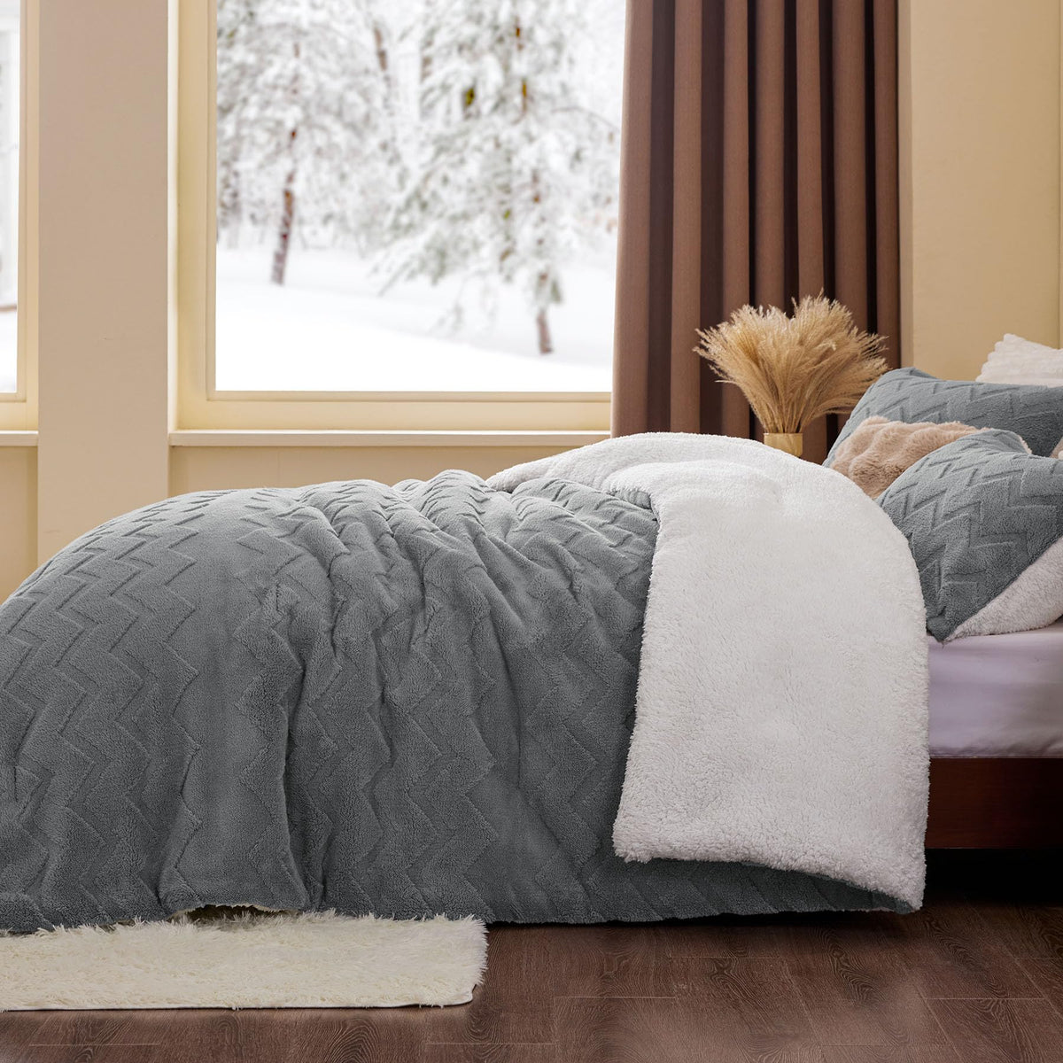 BEDELITE Fluffy Sherpa Queen Comforter Set,Grey 🍁 All In One Marketplace Canada