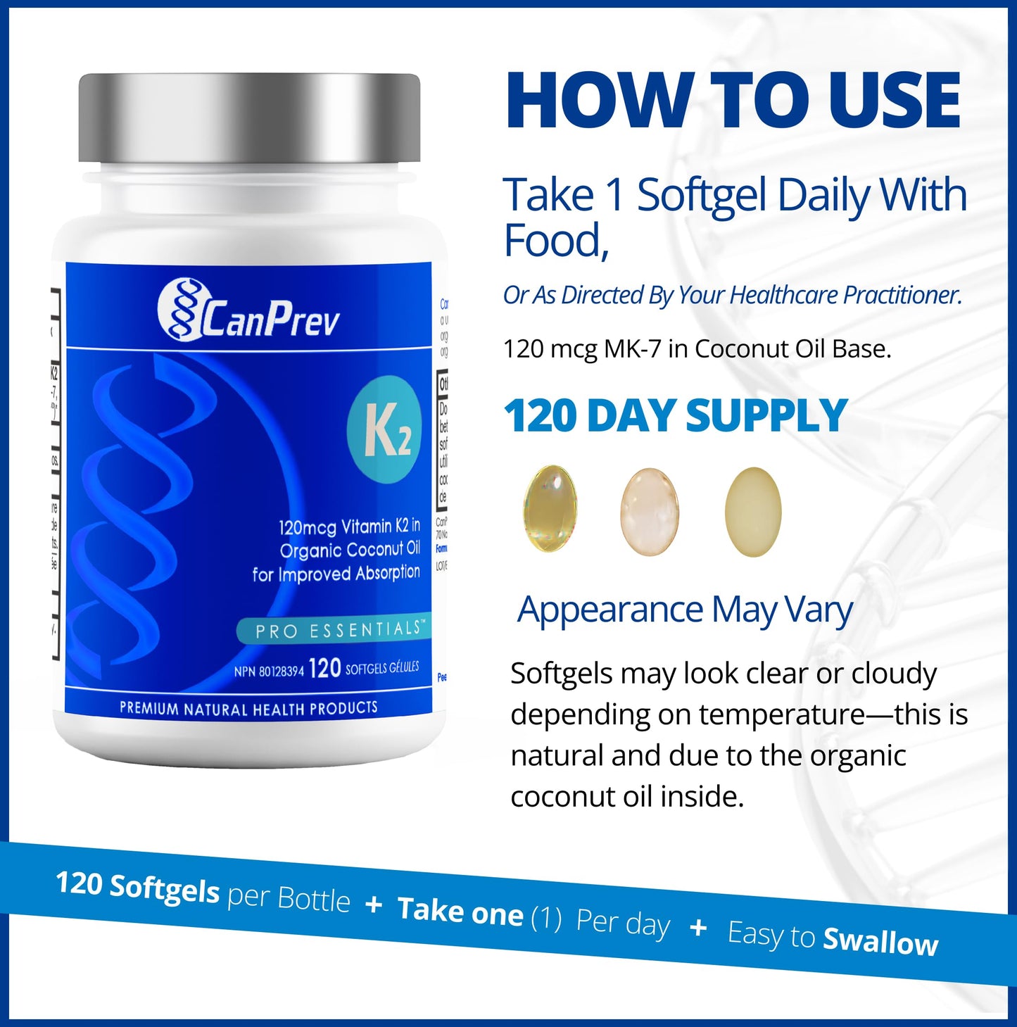 CanPrev K2 120mcg with Organic Coconut Oil, 120 Softgels 120-Day Supply, Pure MK-7 for Enhanced Absorption, Support for Stronger Bones and Healthy Teeth - Available at All In One Marketplace Canada