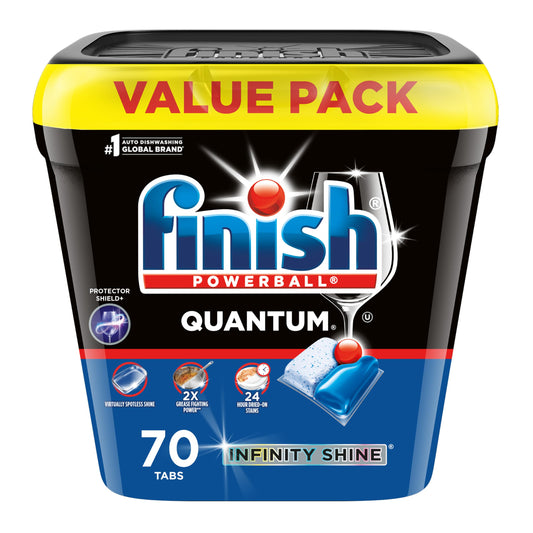 Finish® Quantum® Infinity Shine® Dishwasher Detergent Pods, 3 Chamber Formula with PowerBall, 2X Grease Fighting*, 24H Dried-On Stains, Shine Protection, No Pre-Rinse, 70 Tabs