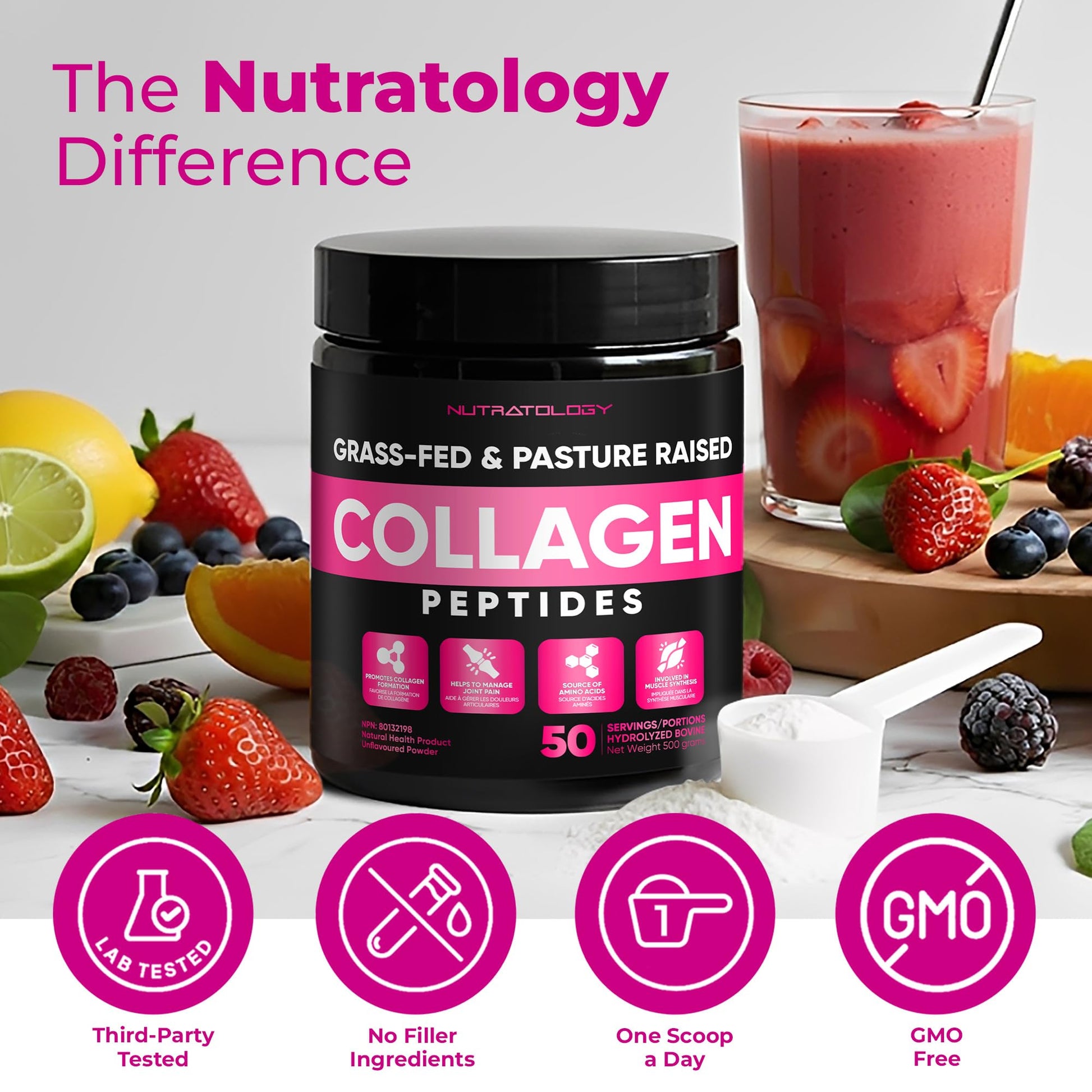 Nutratology® Collagen Powder | Grass-Fed & Canadian-Made | Dissolves Easily | 50 Servings | Supports Healthy Hair, Skin, Nails, & Joints | Hydrolyzed Collagen Peptides Type 1 & 3 | Unflavoured | 500G - Available at All In One Marketplace Canada