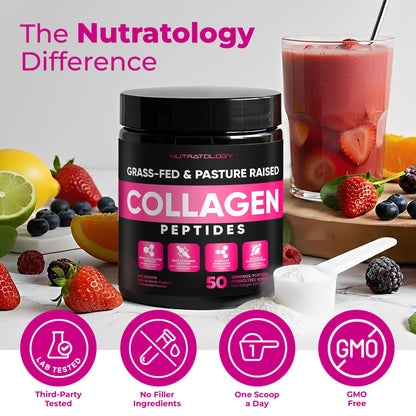 Nutratology® Collagen Powder | Grass-Fed & Canadian-Made | Dissolves Easily | 50 Servings | Supports Healthy Hair, Skin, Nails, & Joints | Hydrolyzed Collagen Peptides Type 1 & 3 | Unflavoured | 500G - Available at All In One Marketplace Canada