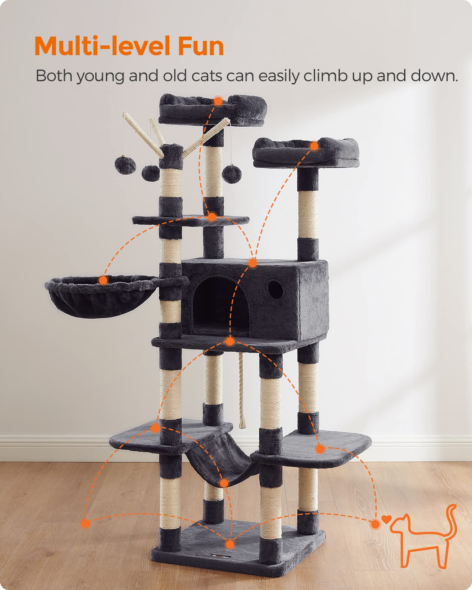 FEANDREA Cat Tree, Large Cat Tower, 64.6 Inches Cat Activity Center Feandrea
