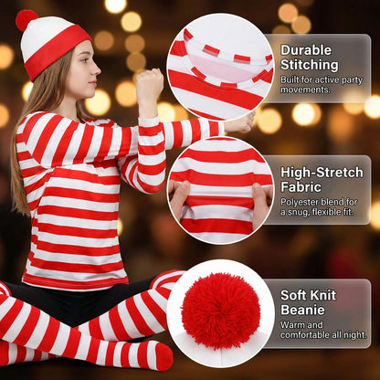 Adult Christmas Wheres Waldo Costume Red and White Striped T-Shirt Costume Christmas Party Cosplay 🍁 All In One Marketplace Canada
