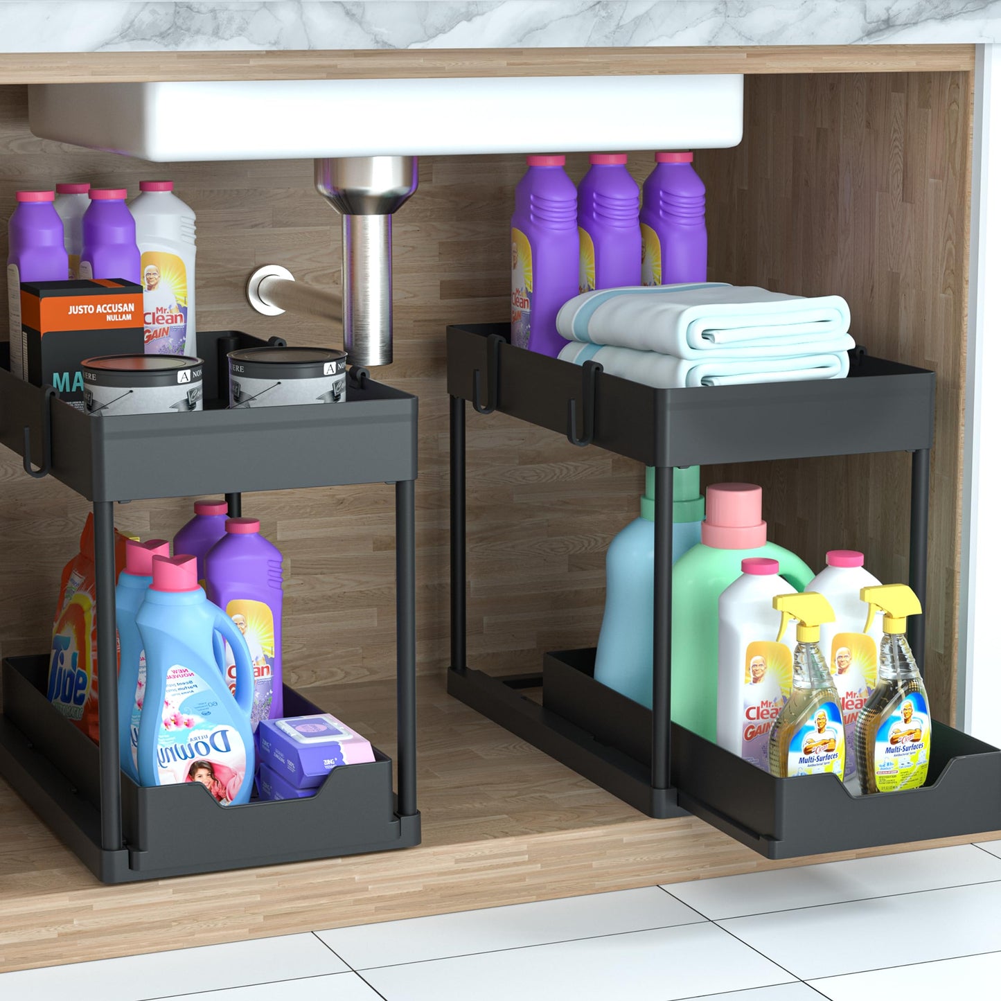 2-PACK Under Sink Organizers and Storage with Sliding Drawer, 2-Tier Bathroom Under Sink Shelf Rack,Multi-Functional Cabinet Storage Space Saver For Kitchen/Bathroom/Bedroom/Office. - Available at All In One Marketplace Canada