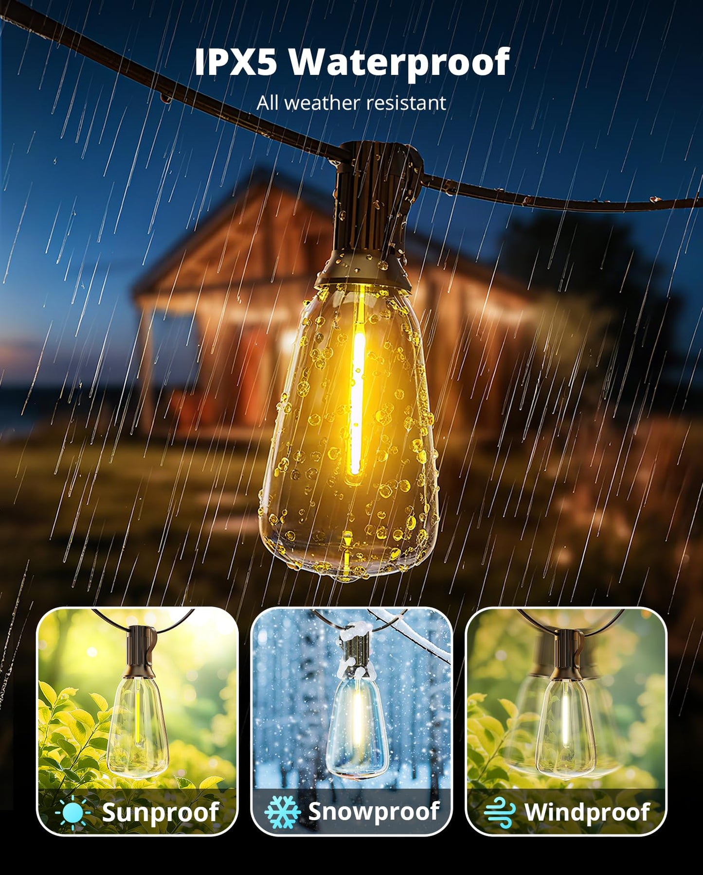 VIPAR Outdoor String Lights 60FT LED Patio Lights Waterproof with 28 Shatterproof ST38 Edison Bulbs Outside Hanging Light Dimmable Connectable for Porch, Deck, Garden, Backyard, Balcony, Decor, 2700K - Available at All In One Marketplace Canada
