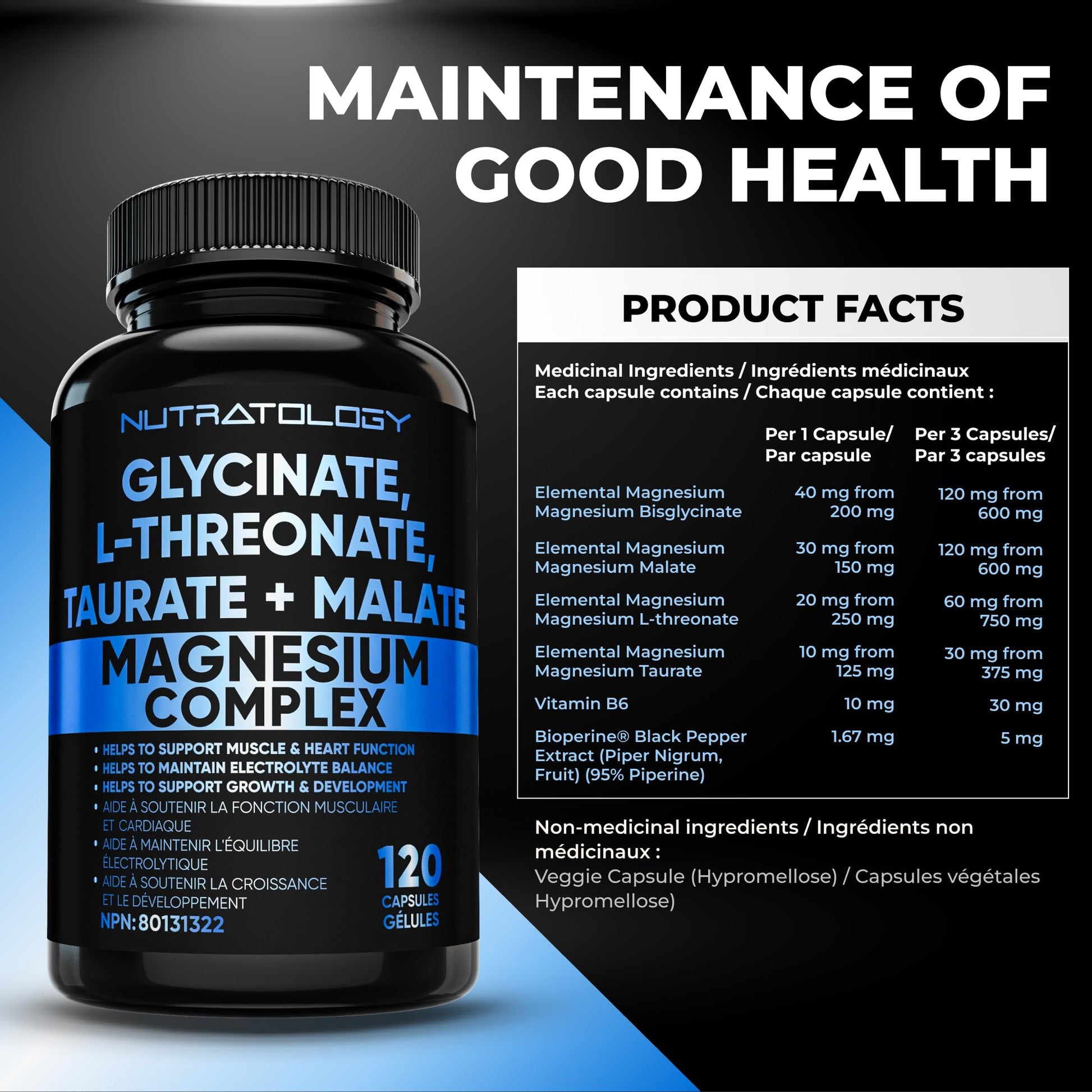 Nutratology Magnesium Complex - Glycinate, Malate, L-Threonate & Taurate With Vitamin B6 + Bioperine For Enhanced Absorption - Helps Support Healthy Bones, Muscles, Teeth & Heart - 100MG Elemental Magnesium Per Capsule - 120 Count - Available at All In One Marketplace Canada