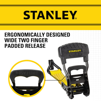 Stanley S1007 Black/Yellow 1.5" x 16' Ratchet Tie Down Straps - Heavy Cargo Securing (3,300 lbs Break Strength), 2 Pack Stanley