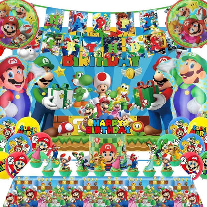 Birthday Party Decorations,48PCS Mario Cartoon Theme Supplies - 1 Backdrop, 1 Banner, 4 Aluminum Balloons, 1 Tablecloth, 25 Cake Toppers, 16 Latex Balloons. 🍁 All In One Marketplace Canada