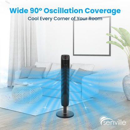 Senville 42" Oscillating Tower Fan for Bedroom, Remote, Bladeless, Quiet, 3 Modes, 7-Hour Timer, LED Display, Black