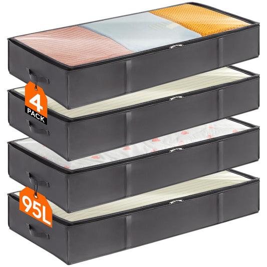 Lifewit 4 Pack 95L Under Bed Storage Bins, Foldable Closet Organizers and Storage Containers,Underbed Storage Bags with Reinforced Handle for Blanket,Clothing,Comforter, Sheets,Wrapping Paper, Grey - Available at All In One Marketplace Canada