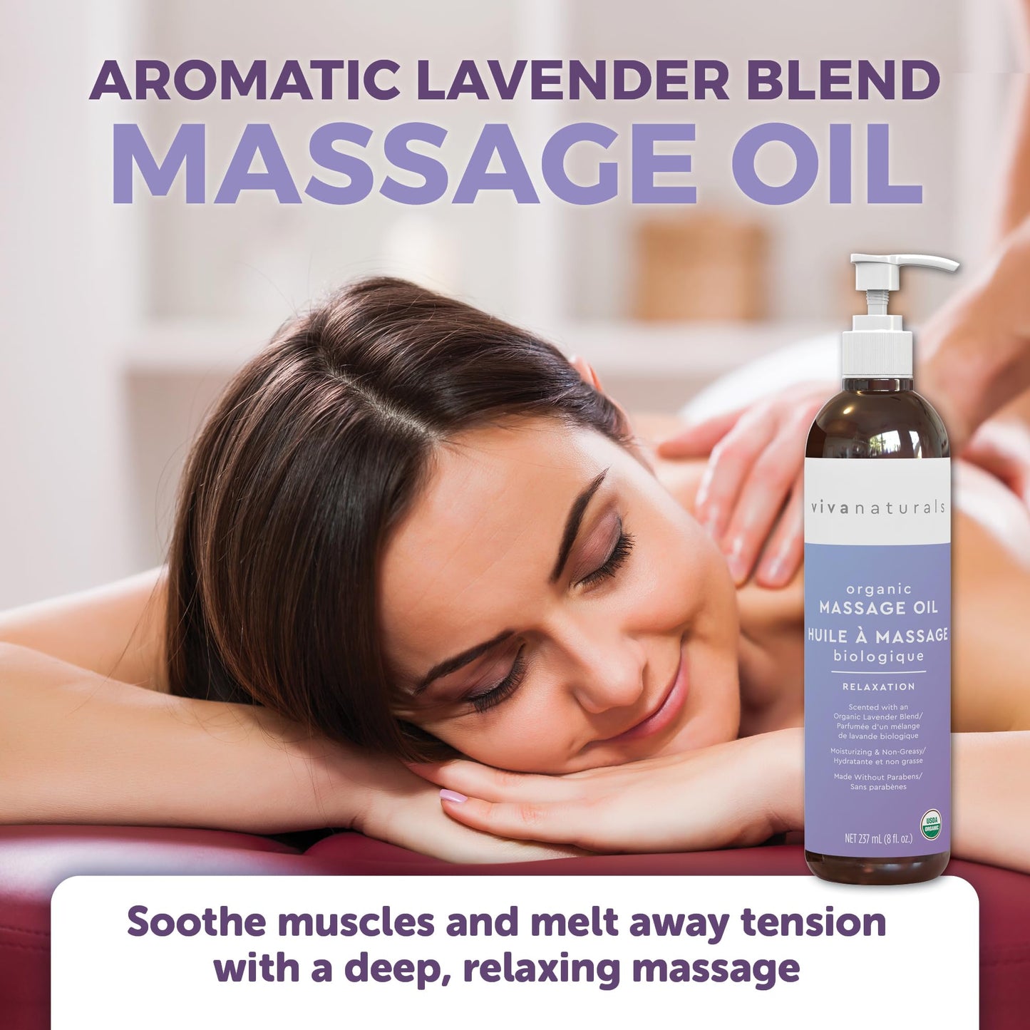 Viva Naturals Organic Massage Oil Scented (8 fl. oz.) - Non-Greasy Relaxation Scented Massage Oil with Mess-Free Pump, Moisturizing Proprietary Lavender Blend Body Oil, Non-GMO and Certified Organic, 237 mL 🍁 All In One Marketplace Canada