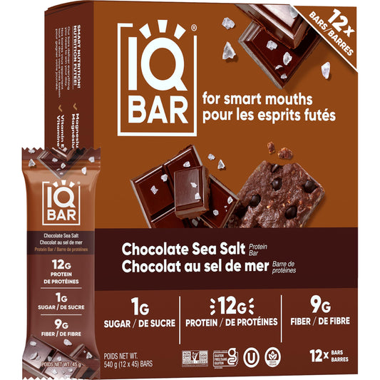 IQBAR Chocolate Sea Salt Plant Protein Bars - 12 Pack | Low Carb, Vegan, High Fiber
