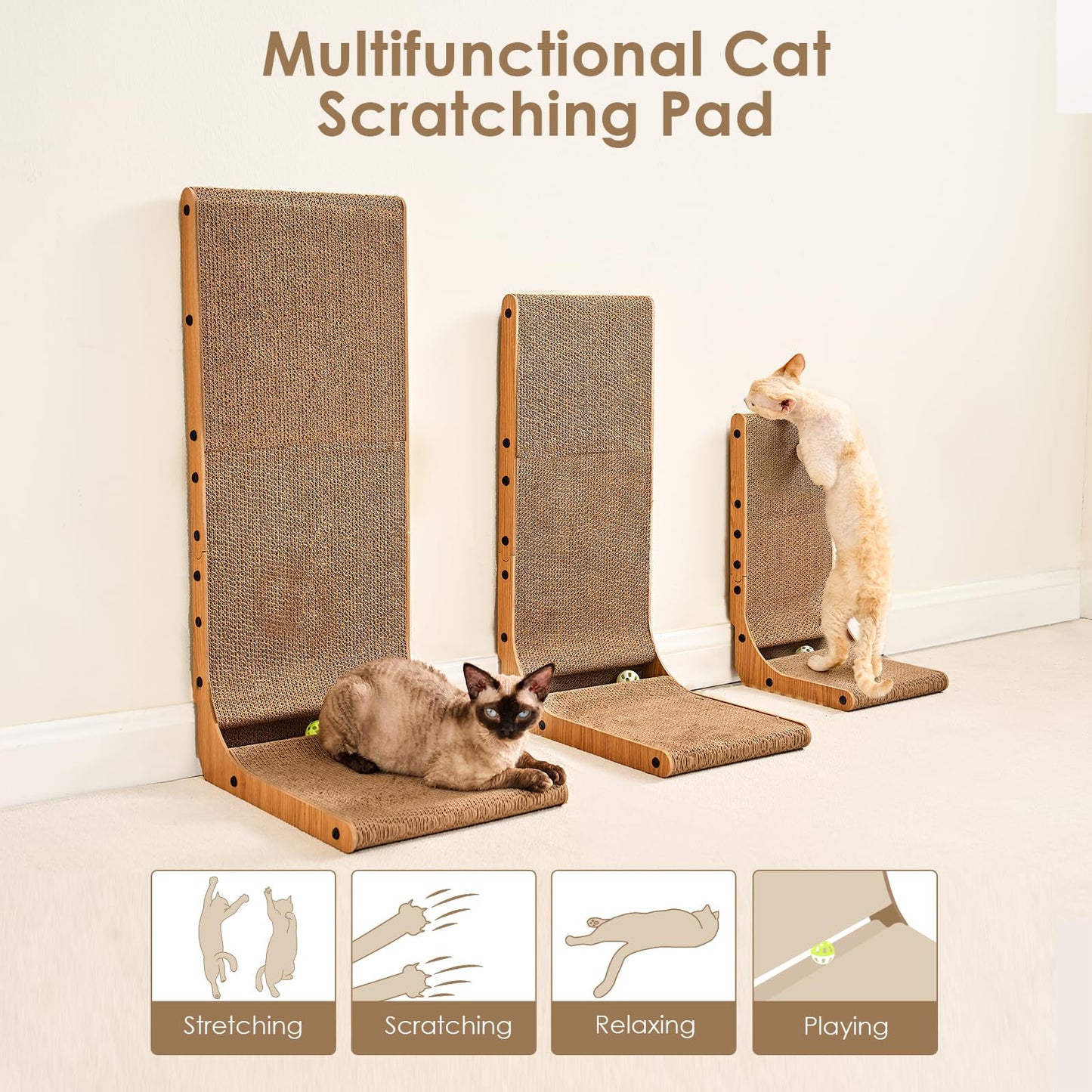 EHEYCIGA Cardboard Cat Scratcher for Indoor Cats, 68 CM L Shaped Vertical Cat Scratching Pad with Ball Cat Toy, Large Cat Scratcher Board