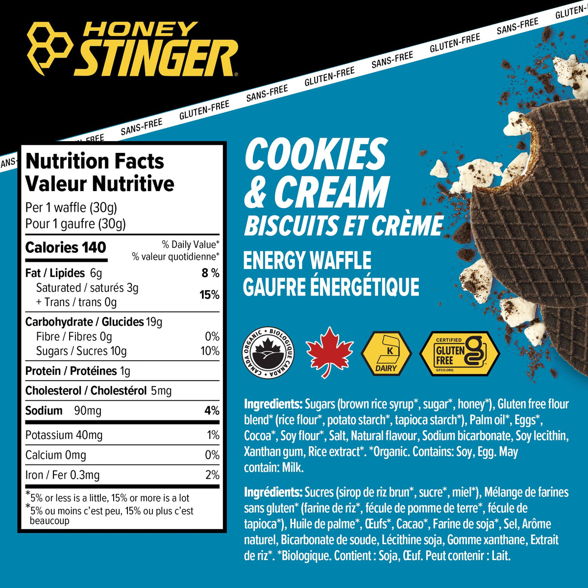 Honey Stinger Organic Gluten-Free Cookies & Cream Waffle | Energy Stroopwafel for Exercise, Endurance and Performance | Sports Nutrition for Home & Gym, Pre & During Workout | 12 Waffles, 30g