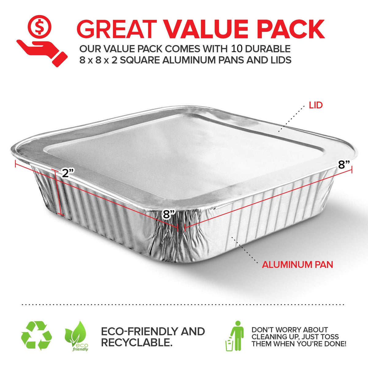 Stock Your Home Aluminum Foil Pans 8x8 Baking Pans Disposable with Lids (10 Pack) Square Baking Pans with Lids - 8 Inch Cake Pan - Brownie Pan - Lasagna Pan - 8 Inch x 8 Inch x 2 Inch 🍁 All In One Marketplace Canada