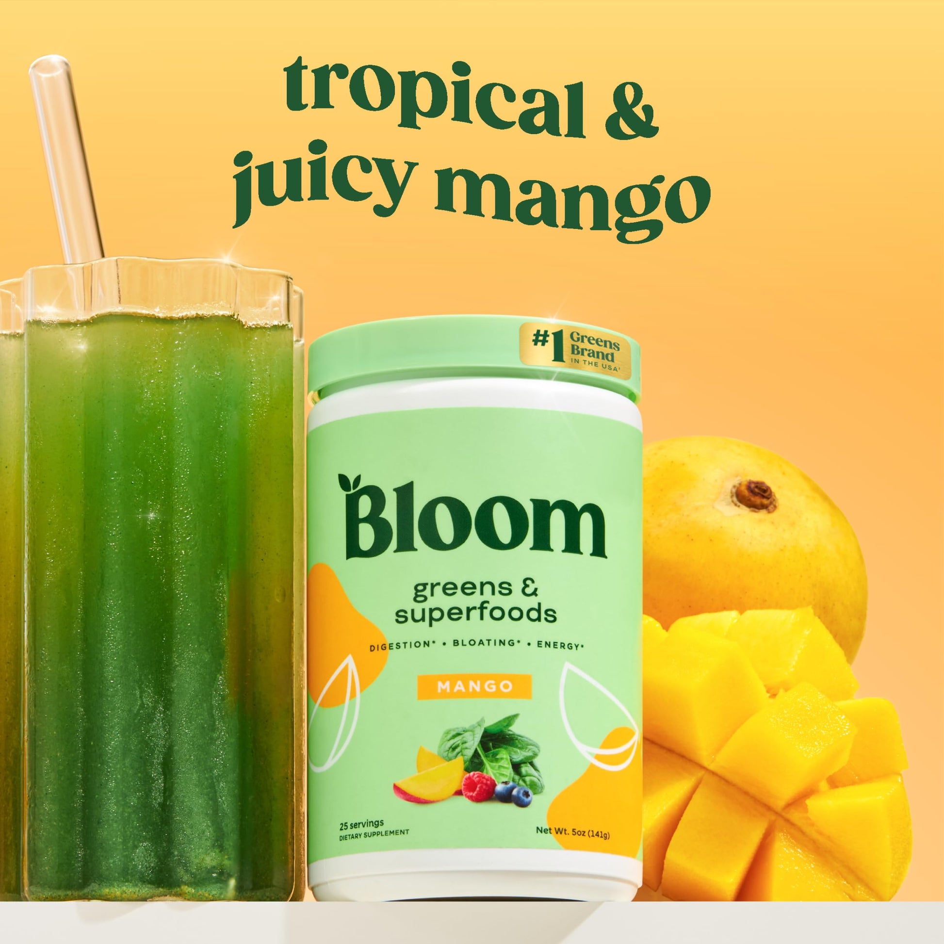 Bloom Nutrition Superfood Greens Powder, Digestive Enzymes with Probiotics and Prebiotics, Gut Health, Bloating Relief for Women, Chlorella, Green Juice Mix with Beet Root Powder, 25 SVG, Mango - Available at All In One Marketplace Canada
