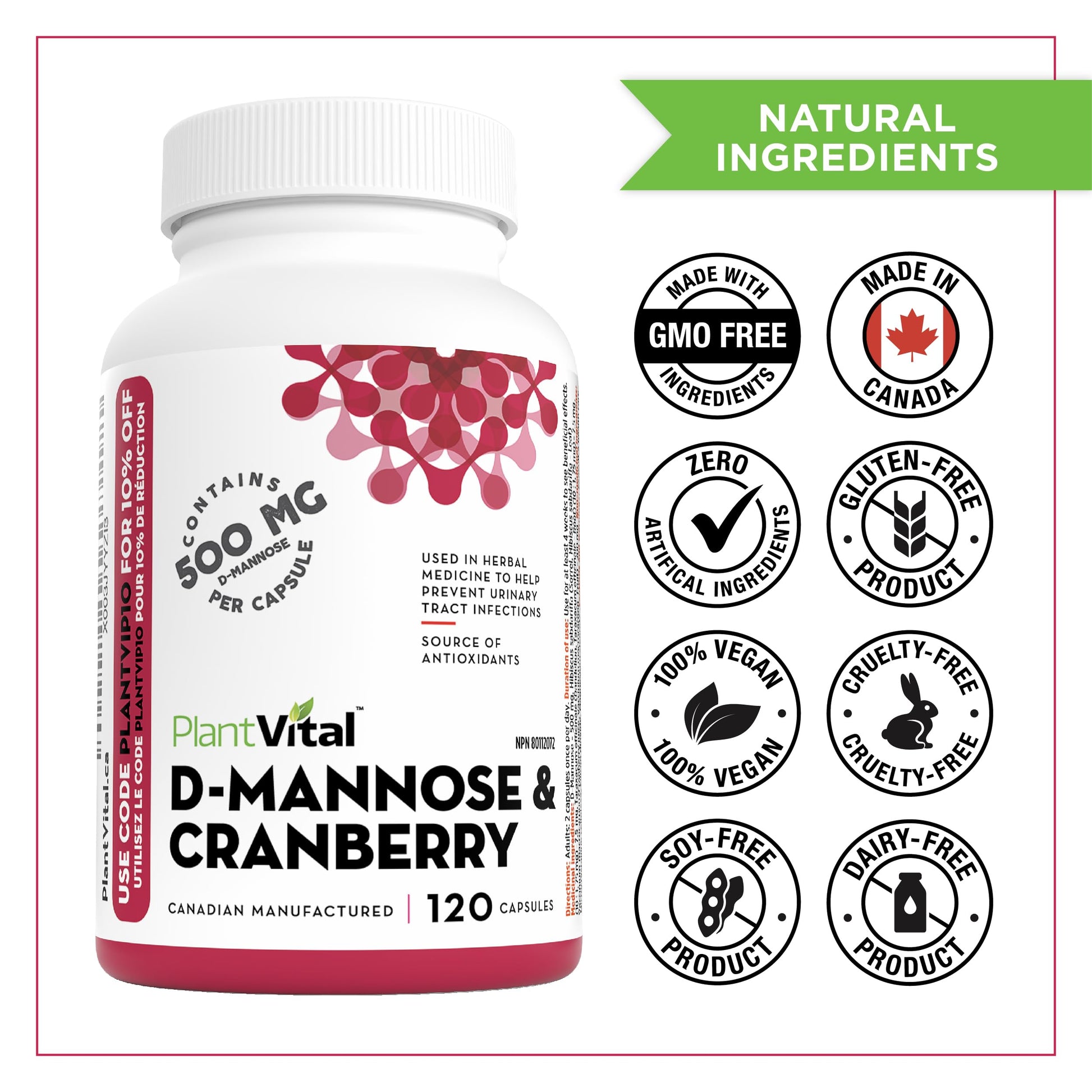 PlantVital D-Mannose Capsules - Made in Canada - 1000mg Daily Dose (2 Capsules) - Cranberry Pills for UTI Support & Bladder Health – DMannose and Cranberry Supplement - 120 Count, 2-Month Supply - Available at All In One Marketplace Canada