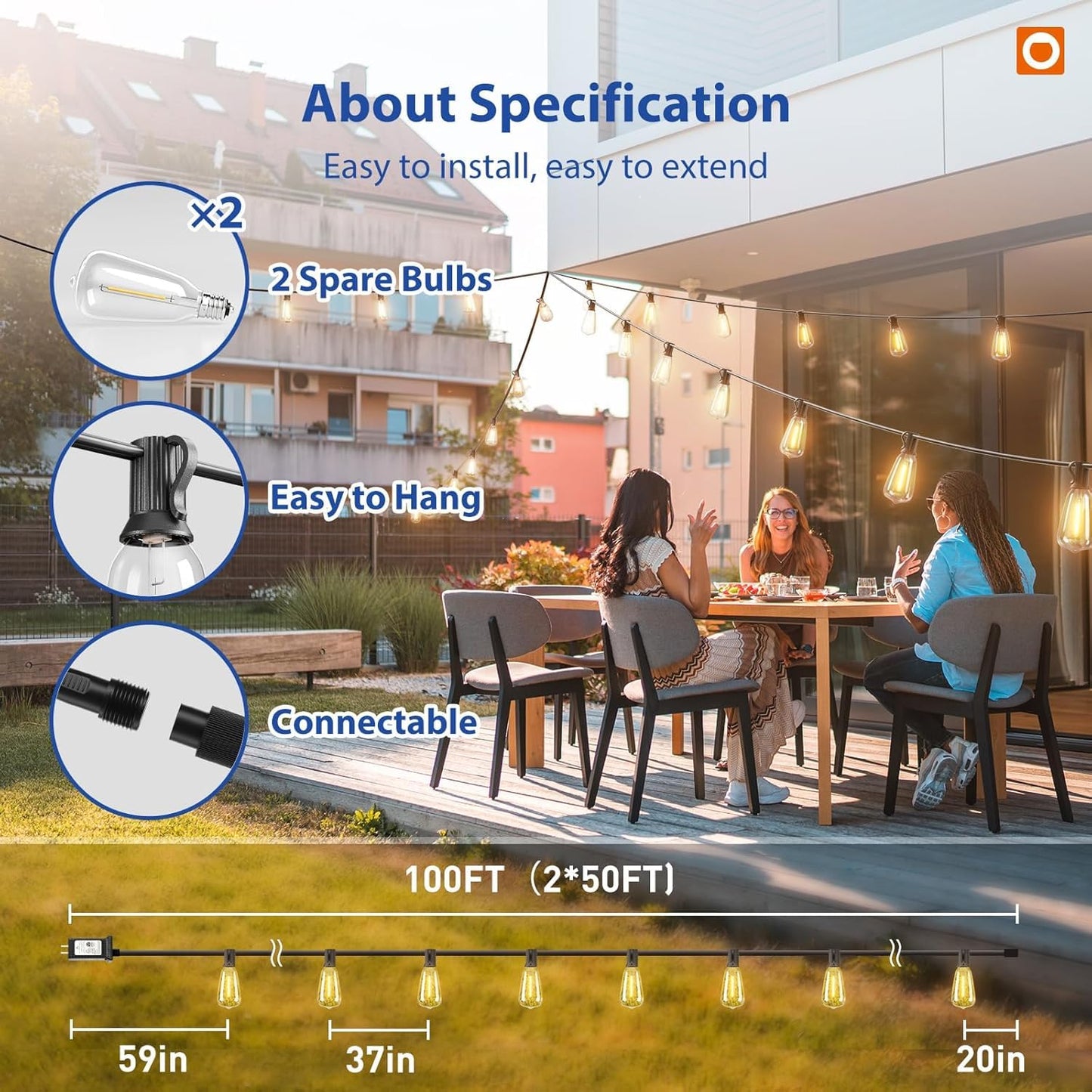 addlon 100FT (50FTx2) Outdoor String Lights Waterproof Shatterproof with 32 LED Edison Bulbs, Dimmable Connectable Patio Lights for Backyard Garden Balcony Party, Warm Yellow, Energy-Saving - Available at All In One Marketplace Canada