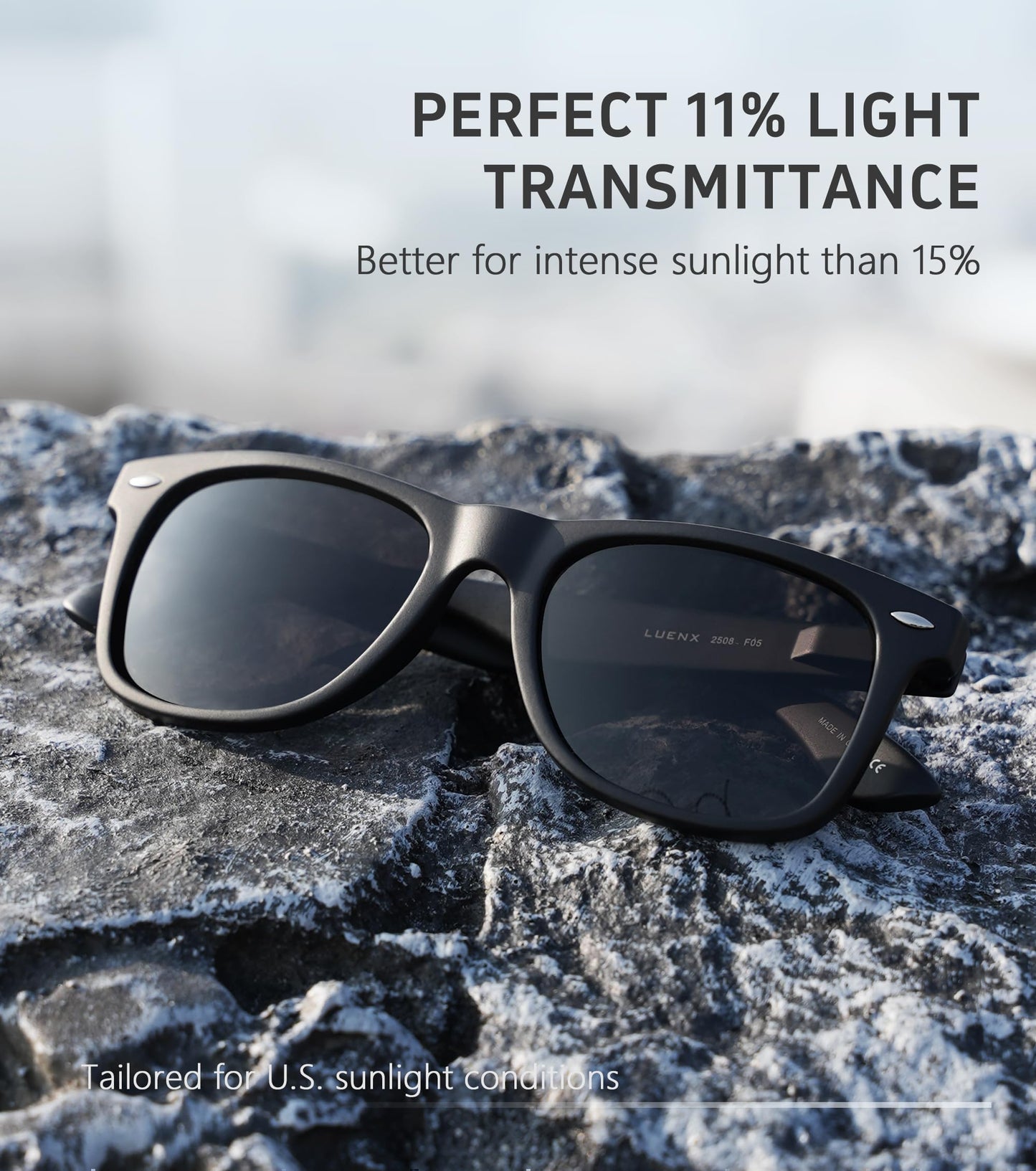 LUENX Polarized Sunglasses for Men Women UV400 Protection Non-mirrored Black Lens Matte Black Square Frame 54MM