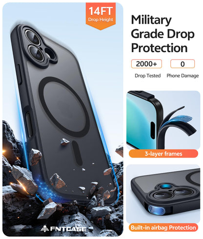 FNTCASE for iPhone 16 Phone Case: Magnetic Translucent Matte [Full Covered Camera Protection] [Screen Protector] Military Grade Shockproof Slim Cover Drop Proof Protective Cases - Black