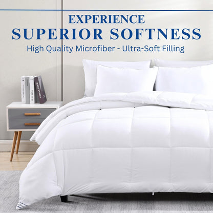 Comforter Queen Size - Down Alternative Hypoallergenic Duvet Insert, Ultra-Soft Microfiber, Box-Stitch Quilted with Corner Tabs, All Season, Machine Washable, 88x88 - White