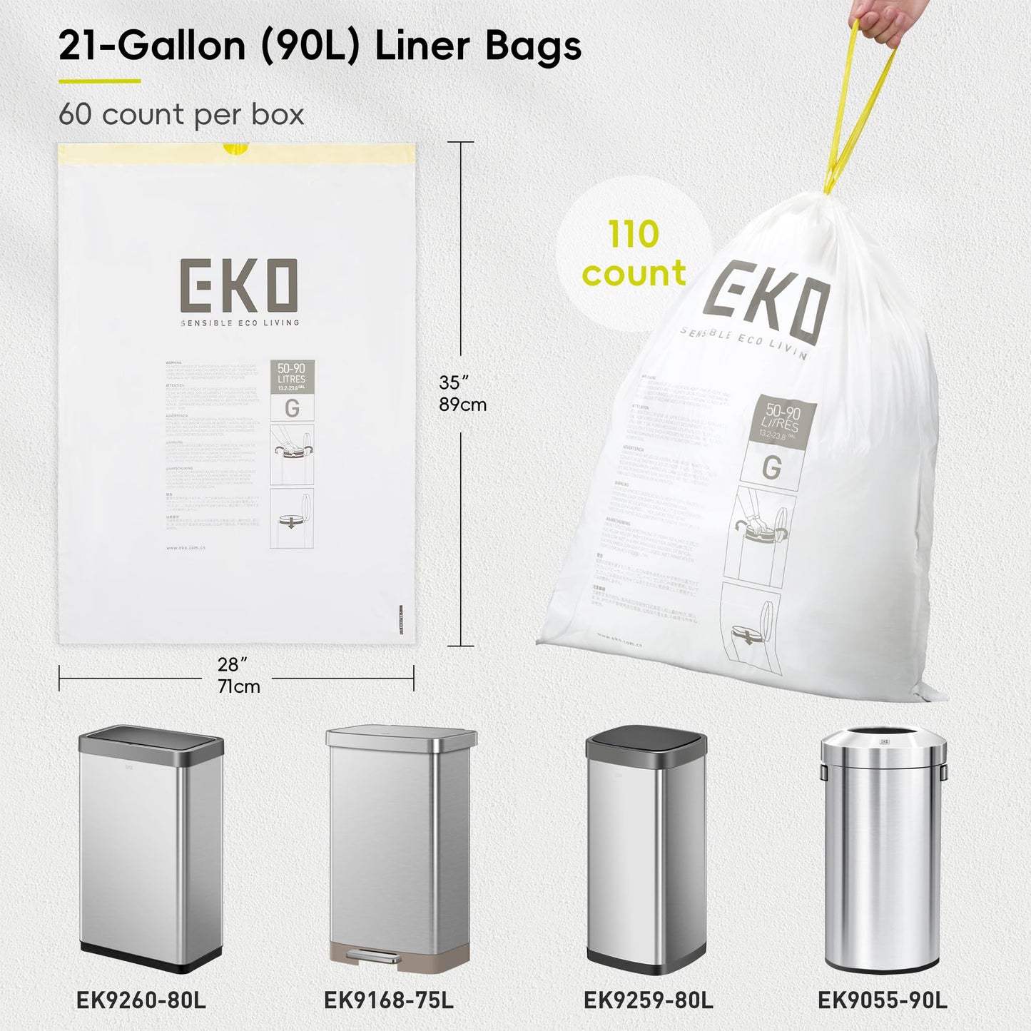 EKO Easy-Dispense Roll of 60 Count Extra-Strong Drawstring Kitchen Trash Bags - 21 Gallon Garbage Bags (79.5L) 1 Pack, Code G EKO