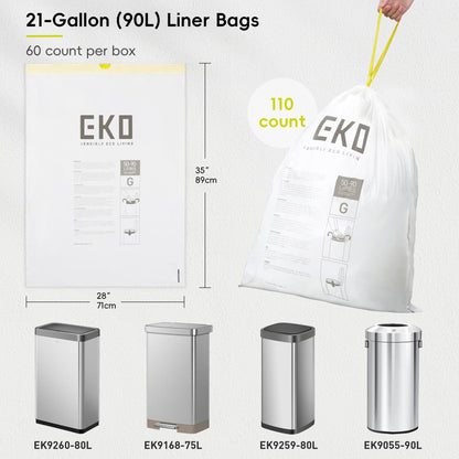 EKO Easy-Dispense Roll of 60 Count Extra-Strong Drawstring Kitchen Trash Bags - 21 Gallon Garbage Bags (79.5L) 1 Pack, Code G EKO