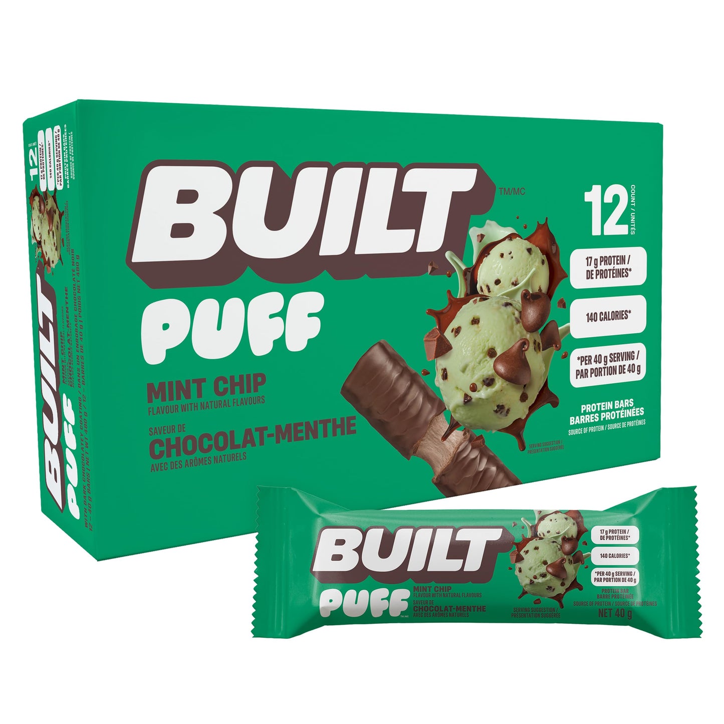 BUILT Puff Protein Bars, Mint Chip, 17g Protein - 12 Count 🍁 All In One Marketplace Canada