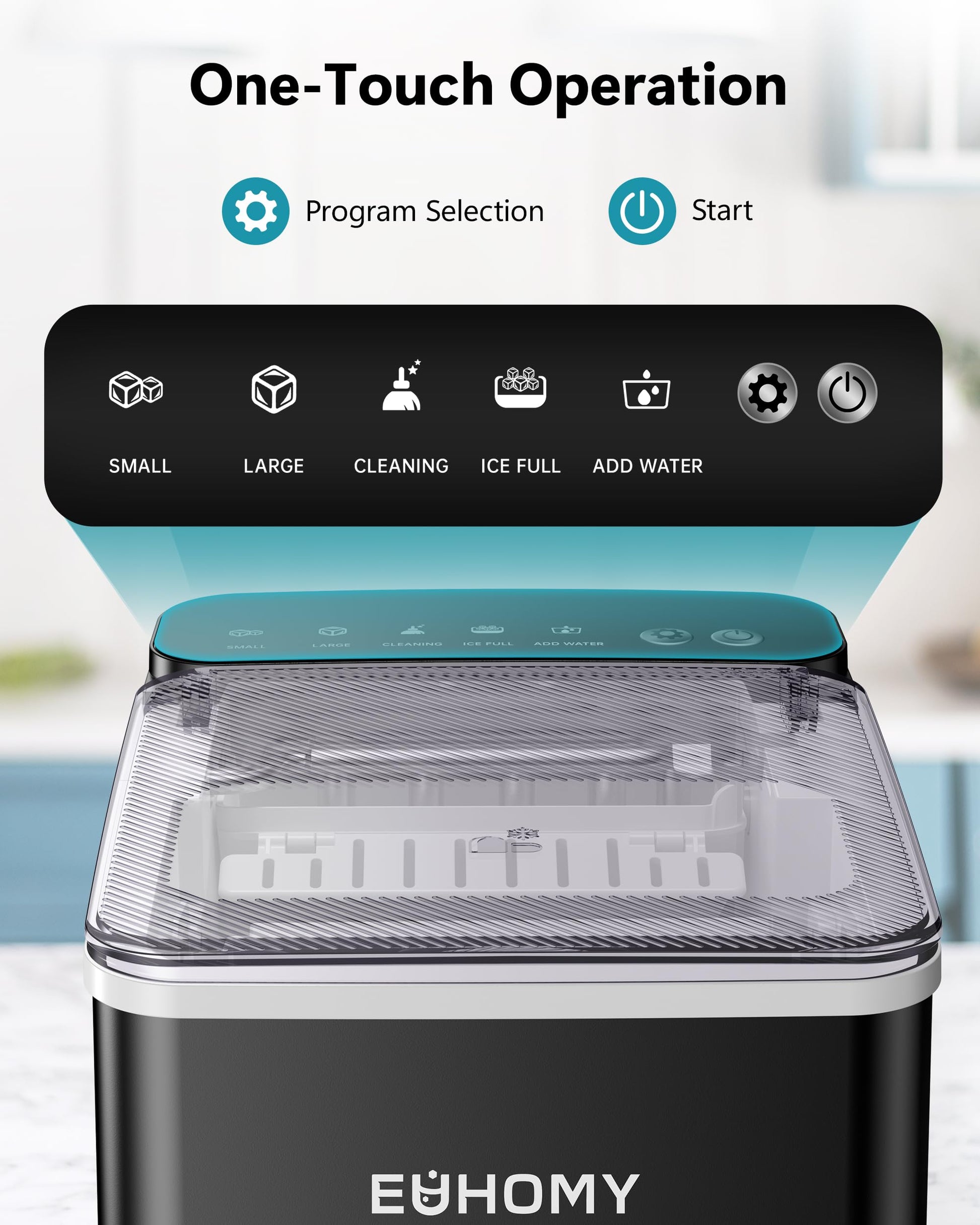 EUHOMY Countertop Ice Maker, 26.5 lbs/24H Portable Ice Machine with Ice Scoop & Basket, Fast 6-10 Mins Ice Making, 2 Ice Sizes, Ideal for Home, Kitchen, RV, Party EUHOMY