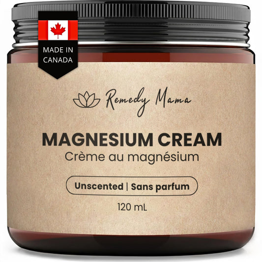 Remedy Mama Unscented Magnesium Cream for Daily Comfort – with Hemp Seed Oil, Jojoba Oil, Mango & Shea Butter – Magnesium Oil Spray Alternative – Natural, Gentle & Skin-Friendly – 4oz Glass Jar – Made in Canada - Available at All In One Marketplace Canada