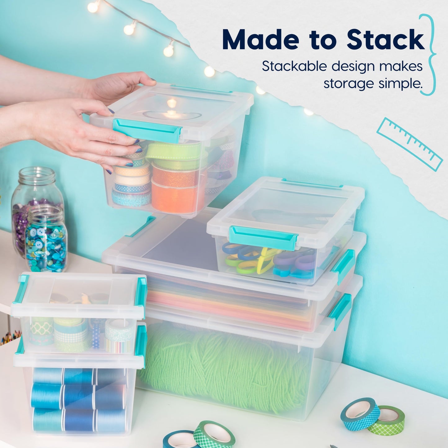 IRIS USA 11.4 L (12 US Qt) Large Deep Clip Box, 4 Pack, Clear Plastic Storage Container Bins with Latching Lids, Organizer for Home, Office and Classroom, Stackable Nestable, Seafoam Blue Buckles IRIS USA