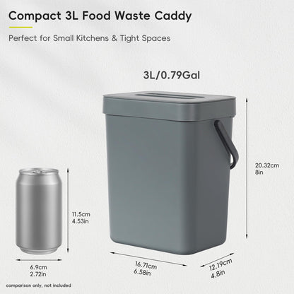 EKO Puro Mini Wall-Mounted Trash Can with Lid, Indoor Food Waste Compost Bucket, 0.79 Gal / 3L Small Hanging Trash Can for Kitchen (Grey) EKO