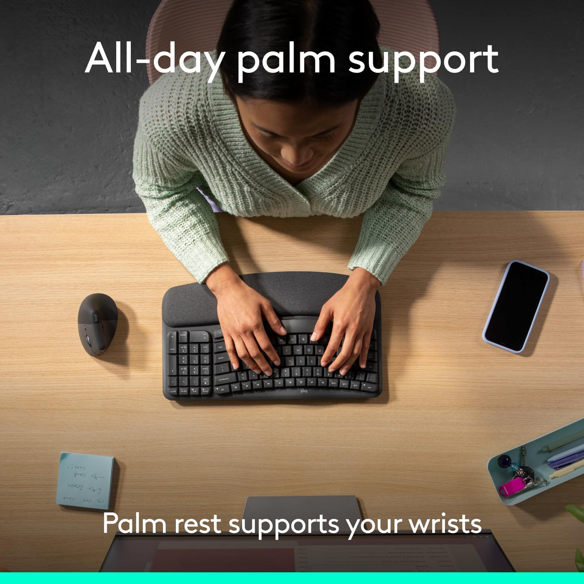 Logitech Wave Keys Ergonomic Wireless Keyboard with Palm Rest - Graphite