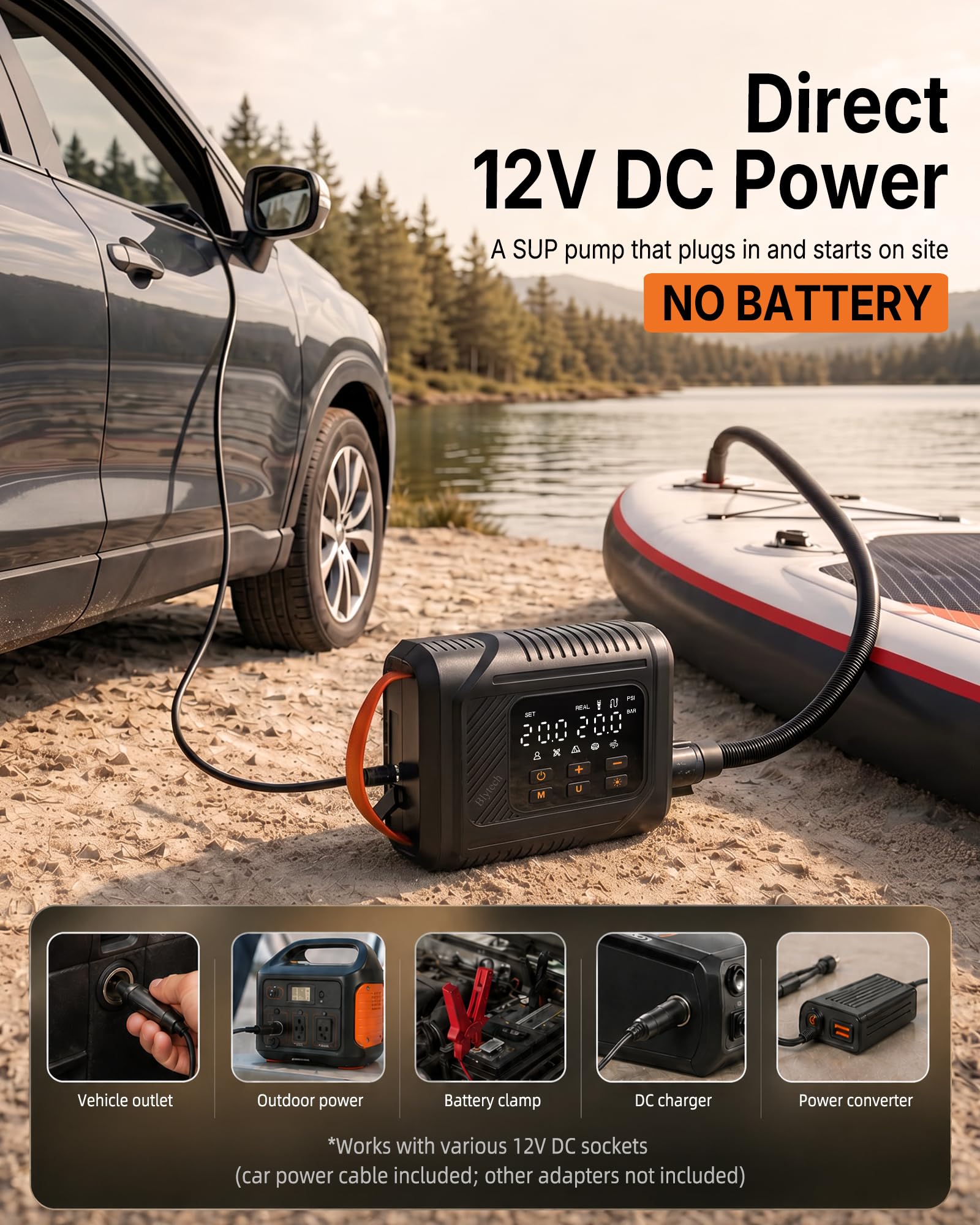 12V DC Paddle Board Pump, Electric Portable SUP Air Pump with Car Cigarette Lighter, Preset Pressure & Auto-Off, Dual-Stage Fast Inflate/Deflate, 20 PSI Max, 7 Nozzles for Paddleboards, Kayaks, Boats.