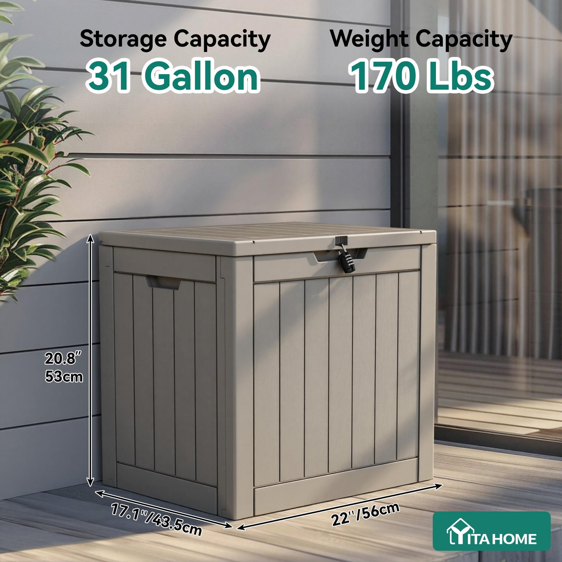 YITAHOME 31 Gallon Outdoor Storage Deck Box, Waterproof Resin Package Delivery and Storage Box with Lockable Lid for Patio Furniture Cushions, Pool Accessories, Garden Tools, Taupe YITAHOME