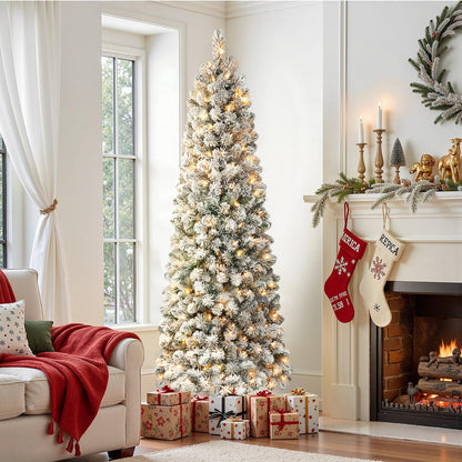 SHareconn 6.5ft Prelit Snow Flocked Artificial Slim Pencil Christmas Tree 🍁 All In One Marketplace Canada