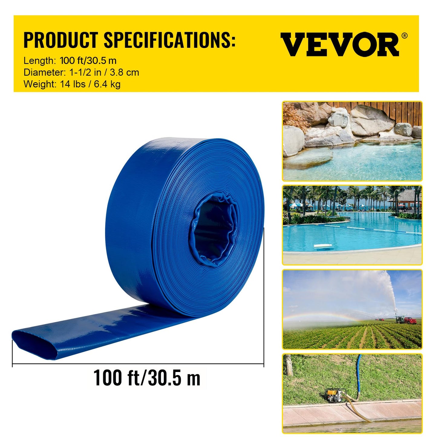 VEVOR Discharge Hose, 1-1/2" x 100', PVC Fabric Lay Flat Hose, Heavy Duty Backwash Drain Hose with Clamps, Weather-Proof & Burst-Proof, Ideal for Swimming Pool & Water Transfer, Blue VEVOR