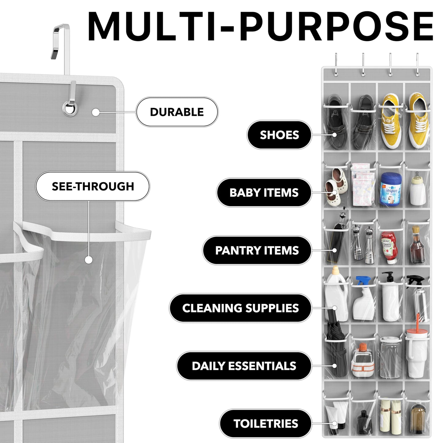 SimpleHouseware Crystal Clear Over The Door Hanging Shoe Organizer, 24 Pockets, Grey (162.6 cm H x 48.6 cm W) - Available at All In One Marketplace Canada
