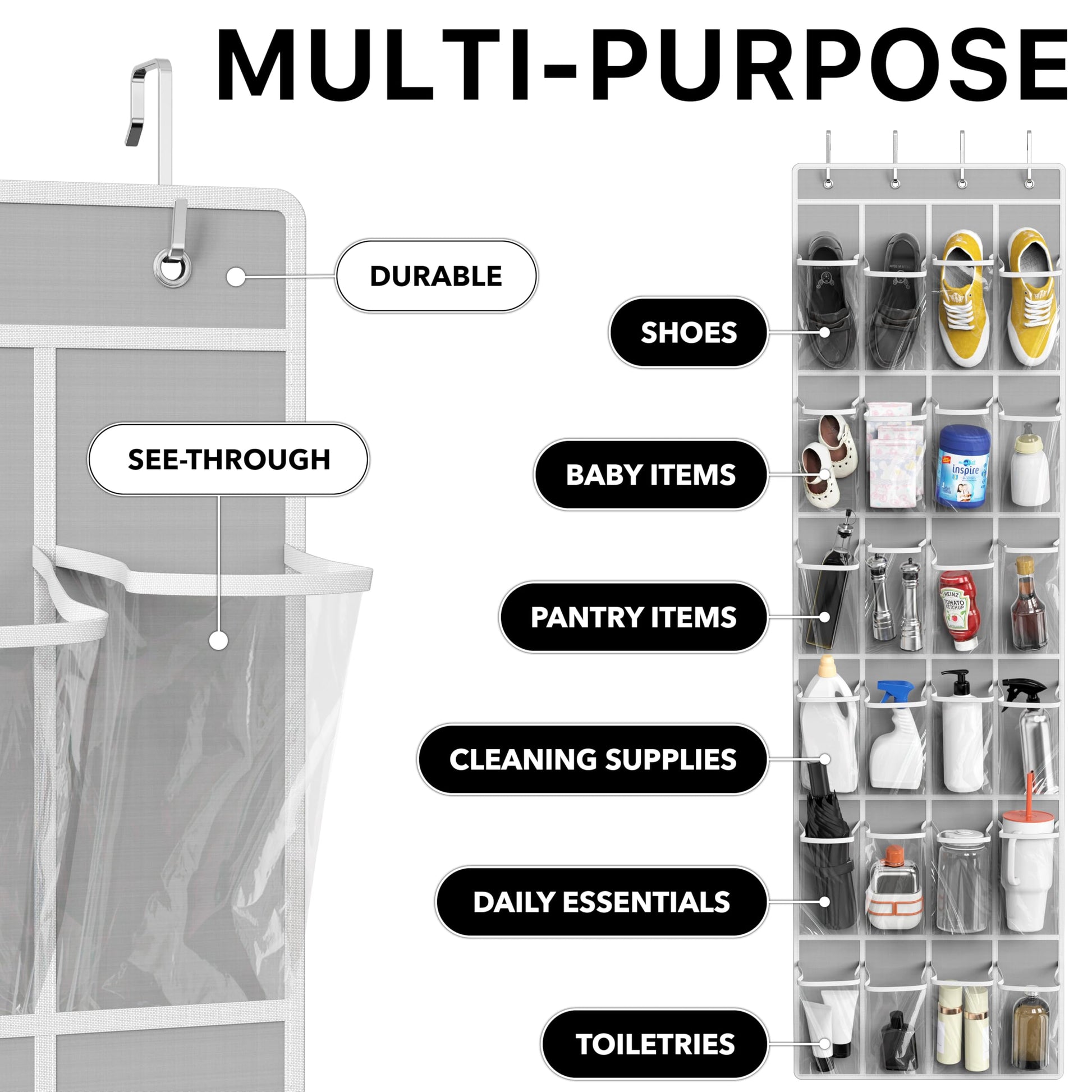 SimpleHouseware Crystal Clear Over The Door Hanging Shoe Organizer, 24 Pockets, Grey (162.6 cm H x 48.6 cm W) - Available at All In One Marketplace Canada