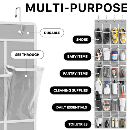 SimpleHouseware Crystal Clear Over The Door Hanging Shoe Organizer, 24 Pockets, Grey (162.6 cm H x 48.6 cm W) - Available at All In One Marketplace Canada