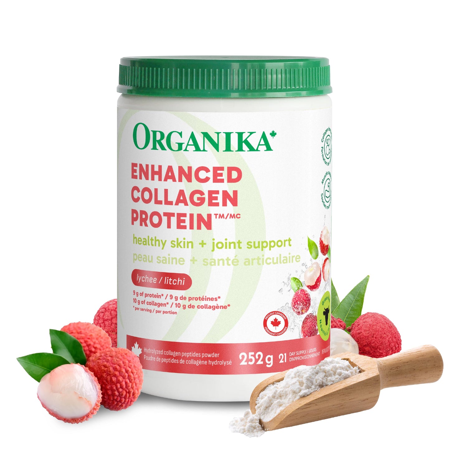 Organika Poudre de protéines de collagène amélioré fabriquée au Canada - Saveur de litchi - Saveur délicieuse, teneur élevée en protéines - Hydrolysée pour une meilleure absorption - Nourri à l'herbe, sans OGM - 252 g