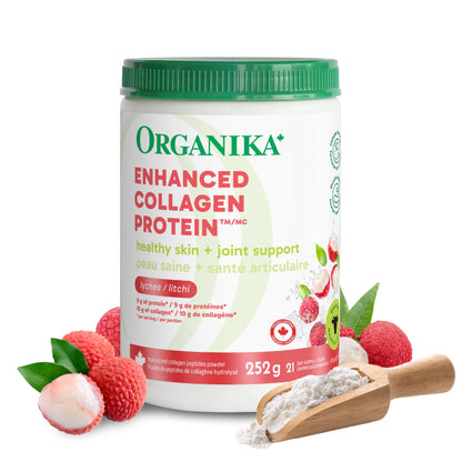 Organika Poudre de protéines de collagène amélioré fabriquée au Canada - Saveur de litchi - Saveur délicieuse, teneur élevée en protéines - Hydrolysée pour une meilleure absorption - Nourri à l'herbe, sans OGM - 252 g
