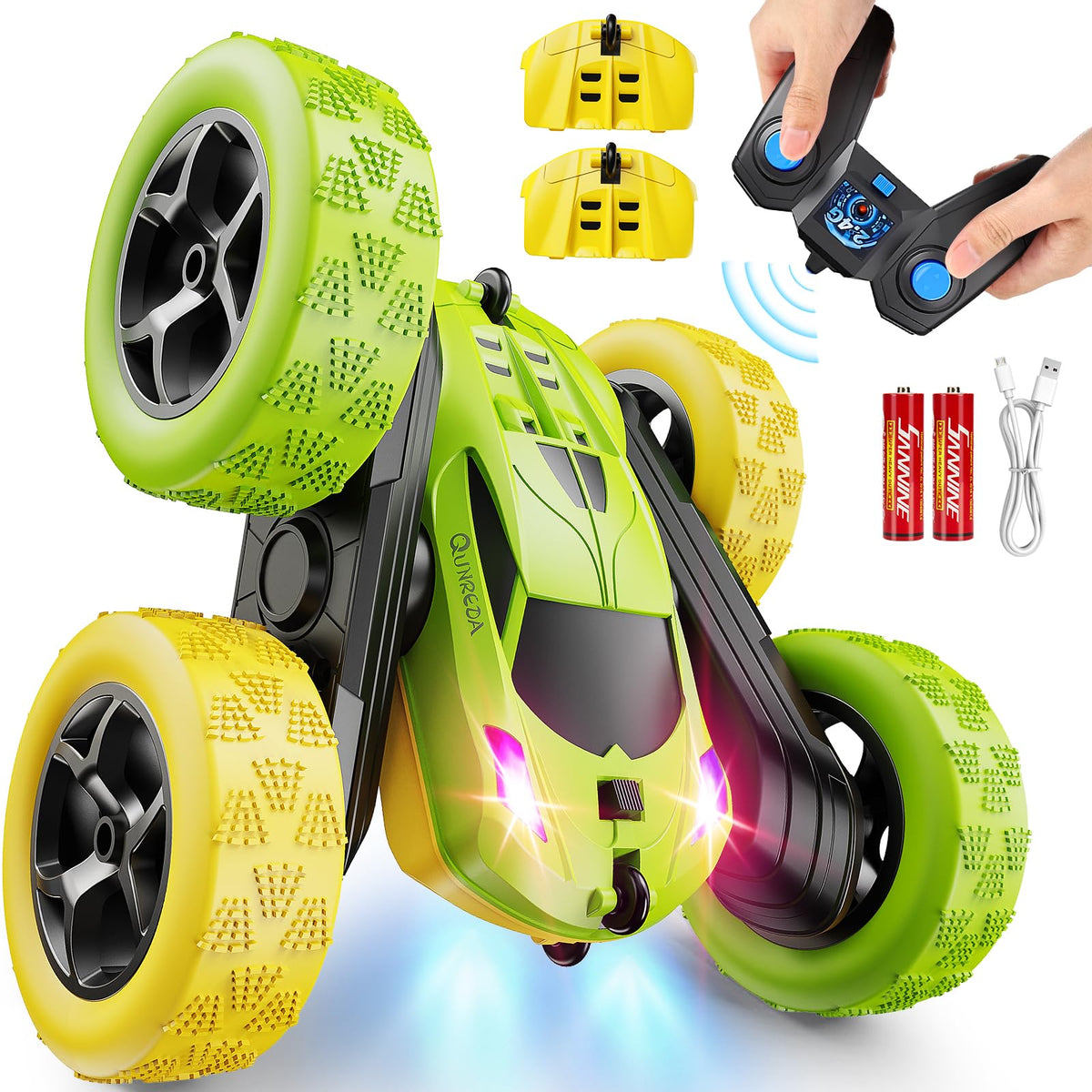 QUNREDA Remote Control Car, RC Car Toys for 6-12 Year Old Boys, Off Road RC Stunt Car 4WD 360° Rotating Remote Control Car for Kids, Boys Girls Gifts for Birthday, Christmas Yellow&Green 🍁 All In One Marketplace Canada