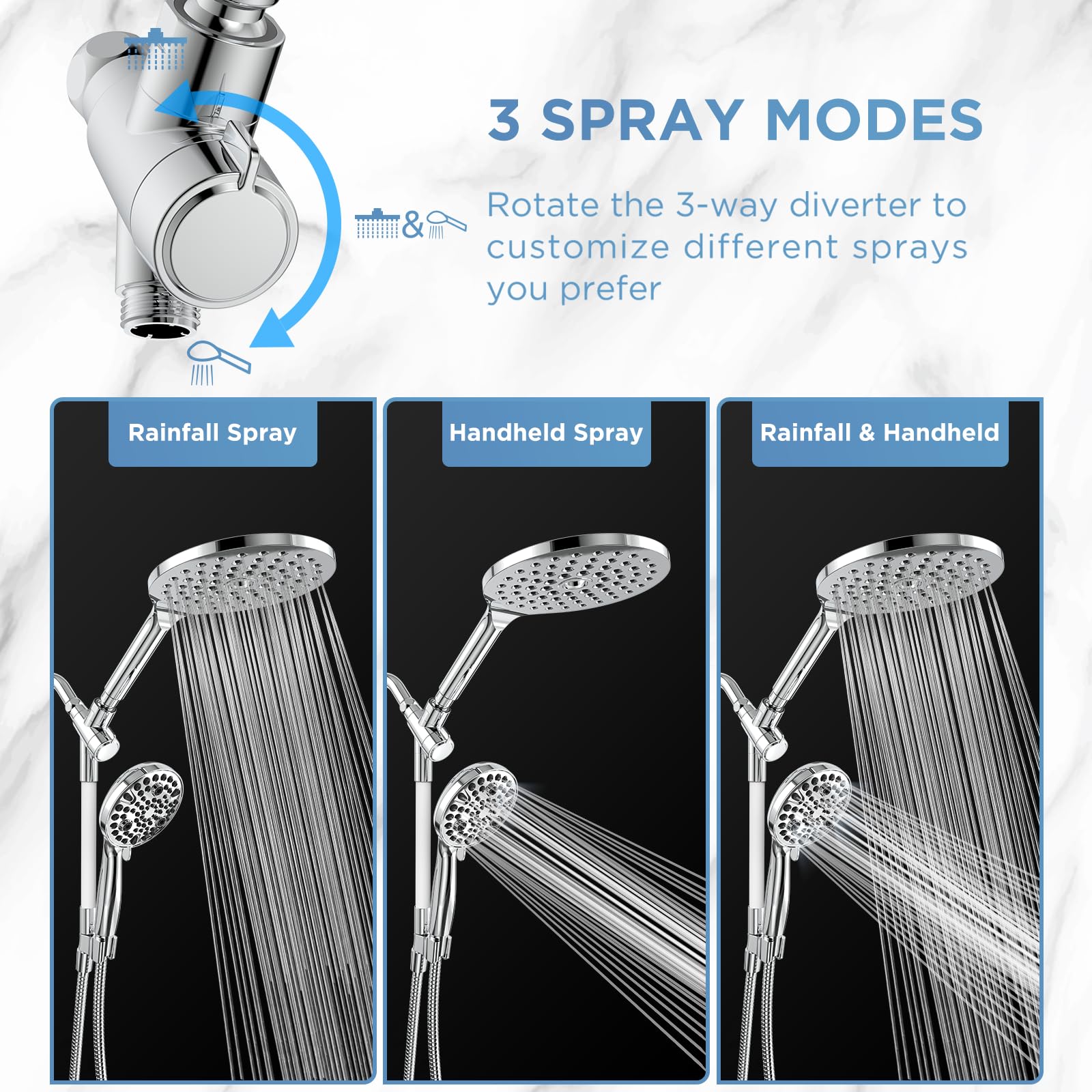 MakeFit Rain Shower Heads System, 3-Spray Dual Shower Head with Solid Brass Adjustable Bar, Rainfall Showerhead with 10 Settings High Pressure Handheld Spray, Buit-in Power Wash Mode (Chrome)